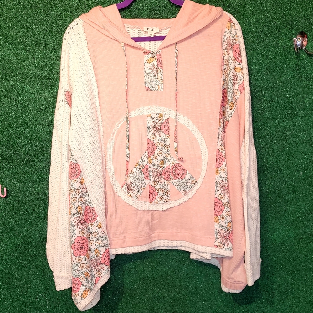 706 NWOT Pol Pink Floral Dolman Patchwork Hoodie